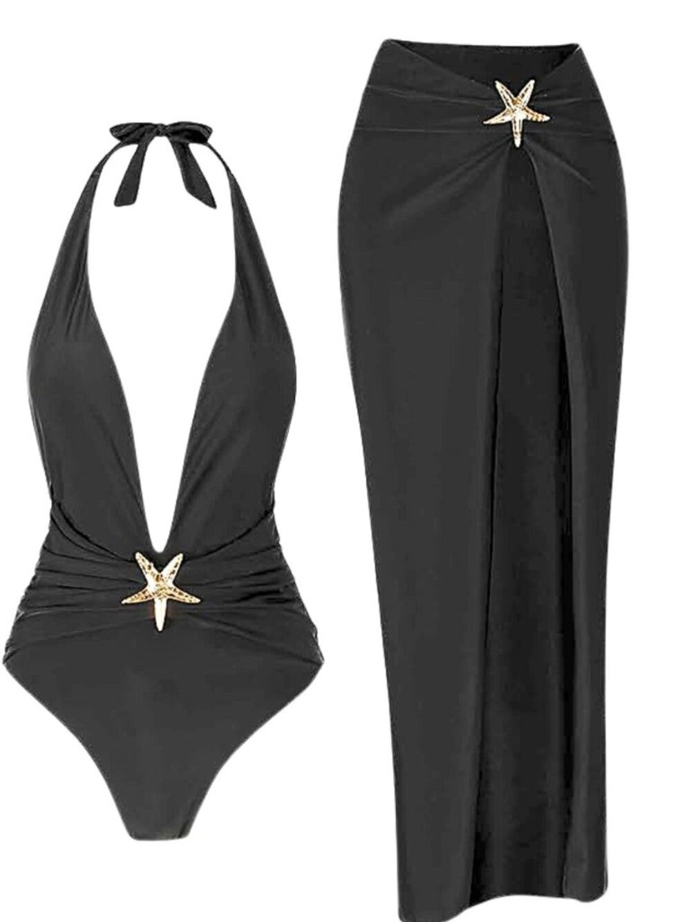 B9🆕 Sm Black Swimsuit & Skirt Cover Up Set Halter Starfish Backless Design NWOT - Picture 2 of 2